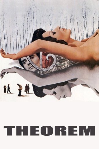 The poster features a woman reclining on a surreal, floating platform with a geometric clock in the background. Below, three figures stand in a line against a snowy forest backdrop, evoking a sense of mystery and timelessness. The title "THEOREM" is boldly displayed at the bottom, suggesting a ph...