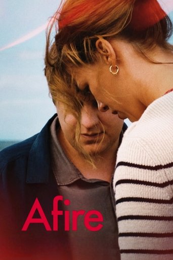 The poster features a tender, intimate moment between two people leaning in close, their faces touching in a gesture of deep connection. The warm red and soft tones evoke a sense of romance and emotional depth, while the bold red title "Afire" adds a dramatic flair.