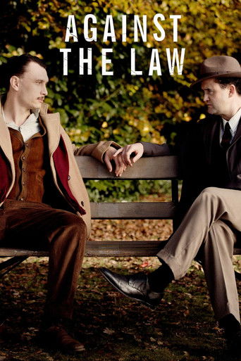 The poster features two men in period attire sitting on a park bench, engaged in conversation under autumnal foliage. The warm, earthy tones of brown, red, and green create a nostalgic yet tense atmosphere, hinting at a dramatic legal drama.