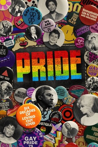 A vibrant poster featuring colorful pins and photos of diverse individuals, creating a lively and inclusive atmosphere. The rainbow text "PRIDE" stands out prominently against the busy background, symbolizing unity and celebration.
