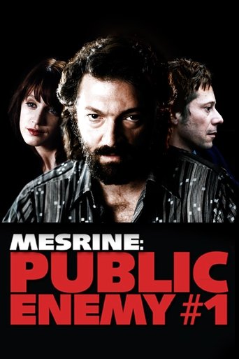 The poster features three characters against a stark black background, with intense expressions and dramatic lighting. The bold red title "Mesrine: Public Enemy #1" dominates the bottom, conveying a sense of urgency and intrigue. The overall mood is suspenseful and mysterious, hinting at a thrill...