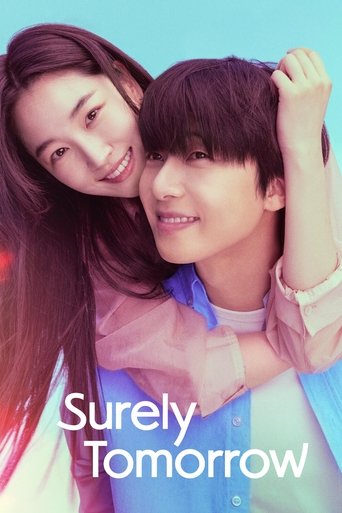 The poster features a young couple embracing warmly against a soft blue background, exuding happiness and romance. The title "Surely Tomorrow" is prominently displayed in white text at the bottom, suggesting a hopeful and optimistic tone for the upcoming show.