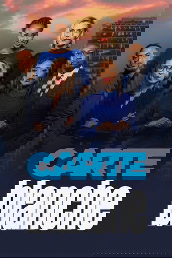 The poster features a group of six diverse characters in formal attire against a dramatic sunset backdrop. The vibrant blue tones of their outfits contrast with the warm sky, creating a professional yet stylish atmosphere. The bold typography emphasizes the show's title, suggesting a modern, poli...