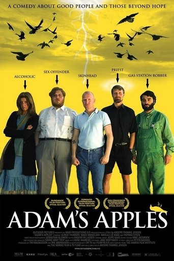 The poster features a group of five men in a yellow sky, with birds flying above. The mood is mysterious and hopeful, suggesting a blend of adventure and hope. The title "Adam's Apples" is prominently displayed at the bottom, indicating a blend of humor and heart.