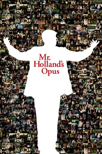 A silhouette of a man with arms outstretched stands against a backdrop of countless tiny images, creating a surreal and chaotic atmosphere. The title "Mr. Holland's Opus" is prominently displayed in red text.