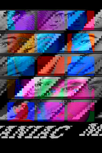 The poster features a grid of faces, each bathed in vibrant, contrasting colors like neon blues, purples, and greens. The mood is intense and mysterious, evoking themes of obsession and psychological depth. The title "MANIAC" anchors the composition, suggesting a narrative centered around extreme...