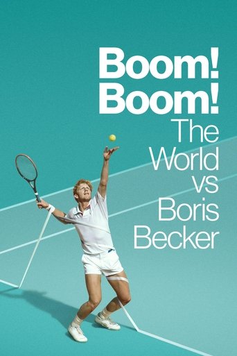 A tennis player in white and red poses dynamically against a vibrant teal background, radiating energy and excitement. The bold text "Boom! Boom!" and "The World vs Boris Becker" dominate the upper section, emphasizing the high-stakes nature of the match.