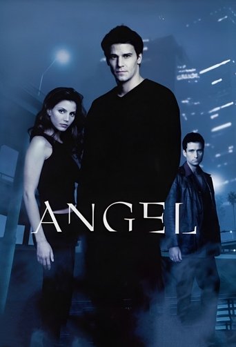 This dark, moody poster features three characters standing against a stormy night sky, with the word "ANGEL" prominently displayed in bold, metallic letters. The cool blue tones and dramatic lighting evoke a sense of mystery and suspense, capturing the essence of the show's supernatural thriller ...