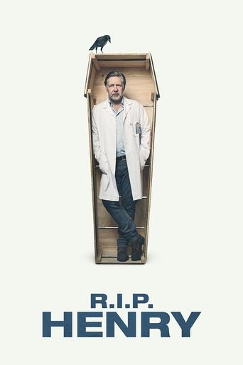 The poster features a man standing inside an open coffin, with a crow perched atop the lid. The coffin is filled with a white coat, symbolizing his death. The background is a soft, neutral beige, emphasizing the solemnity of the scene. The title "R.I.P. HENRY" appears at the bottom in bold, dark ...