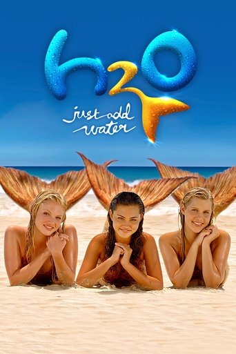 The poster features three women with mermaid tails lying on a sandy beach, their faces turned toward the viewer. The vibrant blue sky and turquoise ocean create a refreshing, dreamy atmosphere. The title "H2O: Just Add Water" is prominently displayed in playful, colorful lettering, emphasizing th...