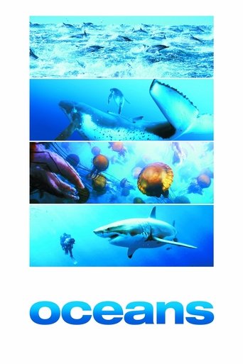 The poster features a vibrant underwater scene with colorful fish and marine life, evoking a sense of wonder and exploration. A small figure swims gracefully among the vibrant colors, while the title "oceans" appears in bold blue letters at the bottom. The overall mood is one of tranquility and d...