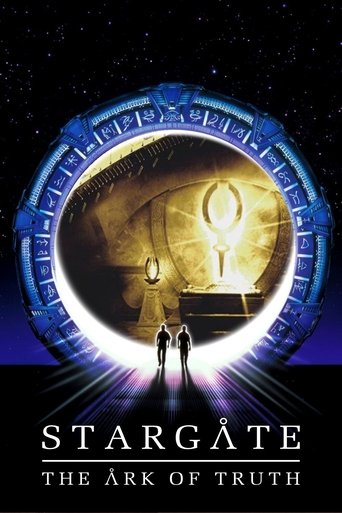 The poster features two silhouetted figures standing before a glowing, ancient-looking structure against a starry backdrop. The cool blue tones of the frame contrast with the warm golden light emanating from the central portal, creating an atmosphere of mystery and wonder. The title "Stargate: Th...