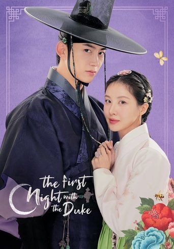 The poster features a man in traditional Korean attire and a woman in white, set against a purple background. The mood is romantic and dramatic, with the title "The First Night with the Duke" elegantly displayed.