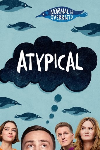 The poster features four characters with expressive faces against a light blue background, evoking a playful yet slightly surreal atmosphere. The title "ATYPICAL" is prominently displayed in bold white letters within a dark cloud shape, while the tagline "NORMAL IS OVERRATED" floats above it in a...