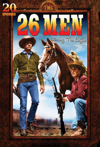 The poster features three men in cowboy attire, exuding a rugged, adventurous mood. The warm colors of reds and browns contrast with the cool blues of the sky, creating a visually striking image. The title "26 Men" is prominently displayed in bold, eye-catching letters, emphasizing the show's the...