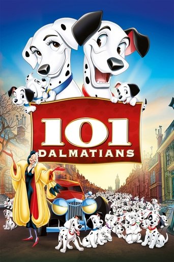 The poster features a lively street scene with Dalmatian puppies running through a colorful, sunlit city. A wise old man in a yellow robe stands on the left, while a red car and a group of children play in the foreground. The vibrant colors and playful atmosphere convey a joyful, adventurous mood.