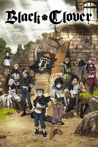 This TV show poster for "Black Clover" captures a vibrant and dynamic scene featuring diverse characters in colorful attire, set against a backdrop of rustic stone architecture and dramatic sky. The mood is energetic and adventurous, reflecting the show's themes of magic, rebellion, and camarader...