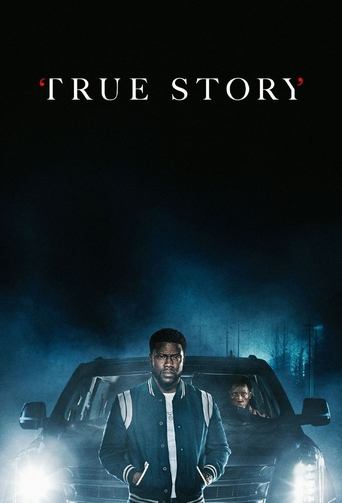 The poster features a man in a dark suit standing in front of a car with headlights on, surrounded by a moody, atmospheric scene. The cool blue tones and smoky background evoke a sense of mystery and suspense, while the title "TRUE STORY" in bold white letters adds a dramatic touch.