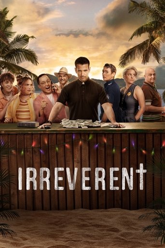 The poster features a group of people gathered around a wooden bar, with colorful string lights adding a festive touch. The warm sunset backdrop enhances the relaxed, party-like atmosphere, while the bold title "IRREVERENT" dominates the foreground.