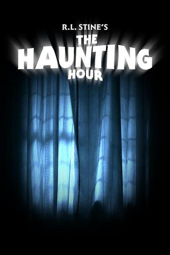 The poster features a dark, eerie scene with blue curtains in the background, evoking a spooky atmosphere. The title "The Haunting Hour" is prominently displayed in bold, white letters, suggesting a mysterious and suspenseful theme.