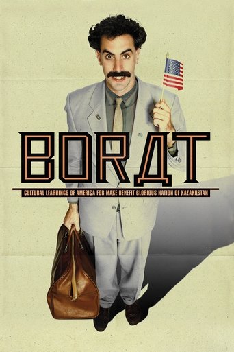 The poster features a man with a mustache and dark hair, wearing a light gray suit and holding a brown bag in one hand and a small American flag in the other. The title "BORAT" is prominently displayed in bold, black letters with a red outline. The background is a muted beige, and the overall moo...