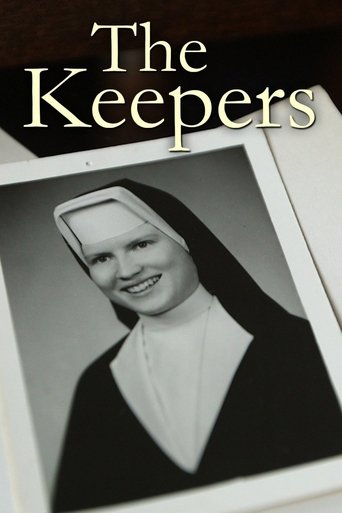 The Keepers poster features a smiling nun in black and white, exuding a serene and timeless mood. The title is elegantly placed at the top, with warm tones contrasting against the monochrome image.