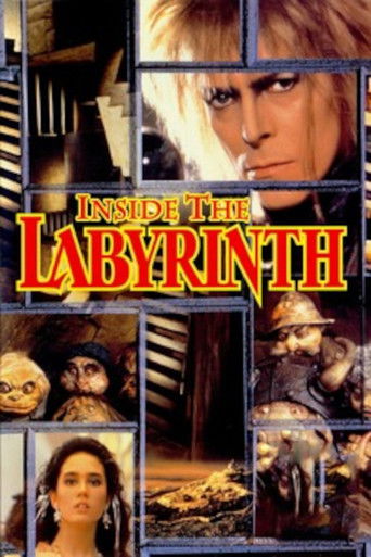 The poster features a dark, moody atmosphere with a central figure of a man with blonde hair and intense eyes, surrounded by eerie creatures. The title "Inside the Labyrinth" is prominently displayed in bold, red letters. The overall mood is suspenseful and mysterious, evoking a sense of danger a...