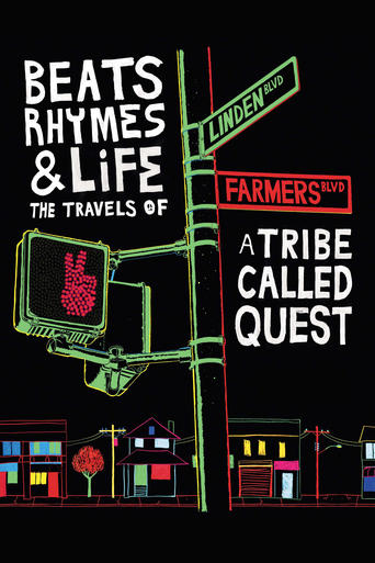 The poster features a vibrant green street sign with a camera-like structure, set against a black background. The text "Beats Rhymes & Life: The Travels of A Tribe Called Quest" is prominently displayed in bold white letters. The overall design conveys a retro, urban vibe with a playful and energ...