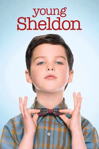 The poster features a young boy with a thoughtful expression, his hands raised in a playful gesture. The warm tones of his shirt and the soft blue background create a cozy, inviting atmosphere. The title "Young Sheldon" is prominently displayed at the top, suggesting a fun and engaging narrative.