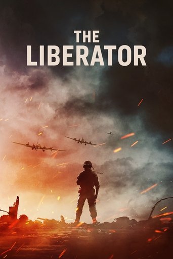 The poster features a lone soldier standing against a dramatic sky filled with fiery orange and dark clouds. Flying aircraft soar overhead, while sparks and debris suggest an intense battle. The title "The Liberator" is prominently displayed in bold white letters, evoking themes of freedom and re...
