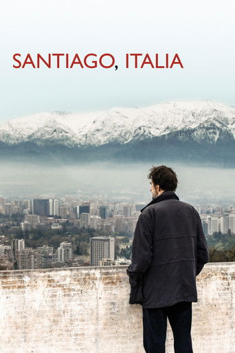 A lone figure gazes out at a sprawling Italian city skyline, framed by snow-capped mountains under a hazy sky. The muted tones and soft lighting evoke a contemplative, slightly melancholic mood.