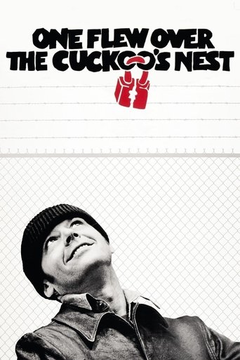 The poster features a black-and-white portrait of a man in a beanie and jacket, looking upward with a contemplative expression. The title "One Flew Over the Cuckoo's Nest" is prominently displayed in bold, black text at the top. A red fist graphic adds a striking visual element. The overall mood ...