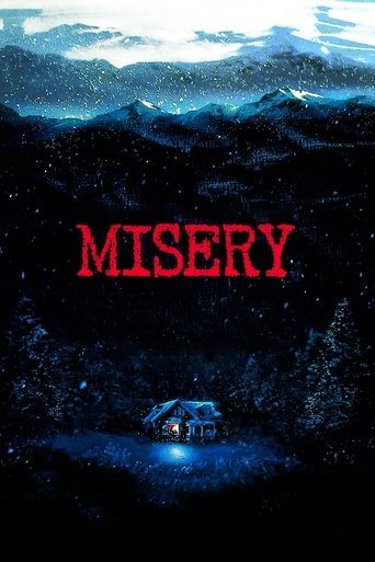 The poster depicts a hauntingly beautiful night with a lone house illuminated by a single warm light against a dark, starry sky. The title "MISERY" is boldly displayed in red, evoking a sense of melancholy and sorrow.