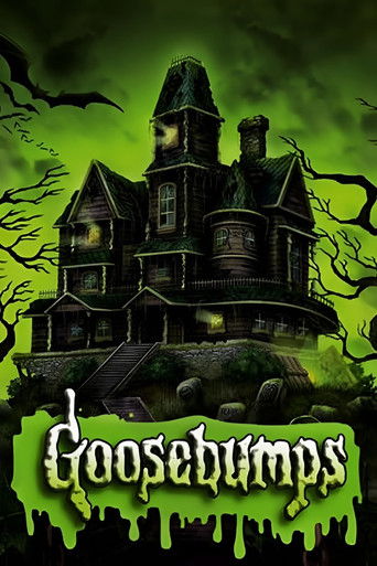 This eerie poster features a spooky haunted house with glowing windows against a dark green sky. The title "Goosebumps" is prominently displayed at the bottom in a dripping font, evoking a sense of dread and suspense.