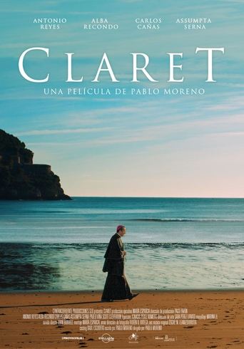 The poster features a lone figure walking along a sandy beach, evoking a sense of solitude and introspection. The muted tones of the sand, sea, and sky create a serene yet melancholic atmosphere, while the film's title, "Claret," stands out in bold, elegant typography.