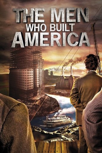 The poster features three men in brown jackets looking out over a bustling harbor scene. The warm golden hour lighting casts a nostalgic mood, while the large, imposing skyscrapers in the background hint at the construction of America.