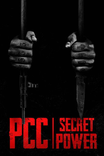 The poster features two hands gripping a knife, with the title "PCC, Secret Power" in bold red letters. The stark black background and intense red color evoke a sense of danger and suspense, suggesting a thriller or horror genre.