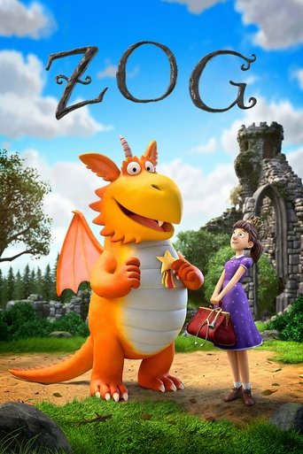 The poster features a cheerful orange dragon named Zog standing beside a young girl in a purple dress, holding a white bucket. The scene is set against a backdrop of a stone castle and lush greenery under a bright blue sky with fluffy white clouds. The mood is joyful and adventurous, capturing th...