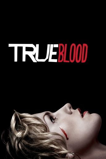 The poster features a woman with blonde hair and red lips against a stark black background, evoking a sense of mystery and drama. The title "TRUE BLOOD" is prominently displayed in bold white and red text, emphasizing the show's gritty and intense theme.