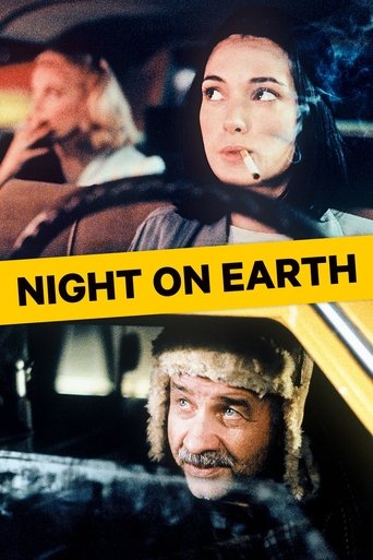 The poster features a dramatic scene with a woman smoking and a man in a fur hat, both looking intense. The yellow banner boldly displays the title "Night on Earth," evoking a noir atmosphere with dark tones and a sense of mystery.
