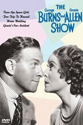 The poster features a classic black-and-white portrait of George Burns and Gracie Allen, their faces close together in an intimate moment. The background is a soft gradient of pastel pink and blue, evoking a nostalgic, romantic atmosphere. The title "The Burns and Allen Show" is prominently displ...