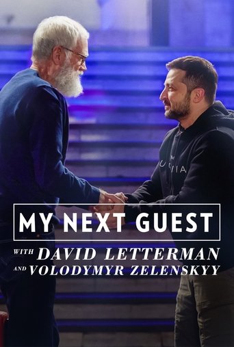 The poster features two men shaking hands against a backdrop of blue and purple hues, suggesting a formal yet intimate setting. The mood is professional yet approachable, hinting at a meaningful conversation between renowned guests.