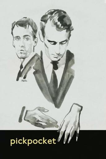 This movie poster features two men in a dramatic, sketchy style with muted tones. The man on the left looks concerned, while the man on the right appears more serious and intense. The mood is suspenseful and mysterious, hinting at a thriller or crime drama. The text "pickpocket" is prominently di...
