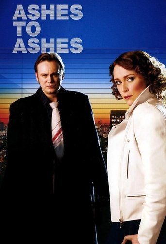 The poster features two men standing against a sunset backdrop, with a woman in a white jacket beside them. The warm tones of the sky and the cool tones of their clothing create a dramatic contrast. The title "Ashes to Ashes" is prominently displayed in bold white letters, suggesting themes of tr...