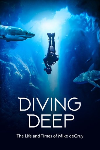 The poster features a diver in mid-air against a backdrop of deep blue water, with sunlight filtering through the surface. Two sharks swim nearby, adding to the underwater atmosphere. The title "Diving Deep" is prominently displayed in bold white letters, conveying the film's adventurous and myst...