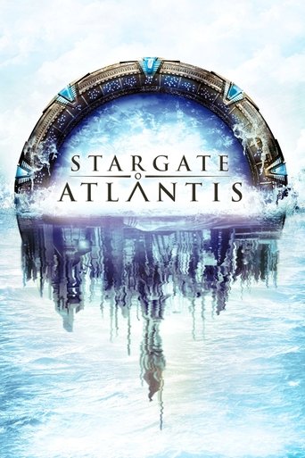 The poster features a mysterious, icy blue backdrop with a circular portal structure at the top, hinting at the show's sci-fi elements. The title "Stargate Atlantis" is prominently displayed in elegant, serif font. The overall mood is one of wonder and adventure, evoking a sense of exploration an...