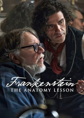 The poster features two men in a dramatic, moody atmosphere. One man with a white beard and glasses looks thoughtful, while the other, with curly hair and a red scarf, appears intense. The dark tones and shadows create a suspenseful mood, emphasizing the horror of the story.