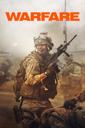 The poster features soldiers in combat gear against a backdrop of dust and smoke, evoking a gritty, tense atmosphere. The bold orange title "WARFARE" dominates the top, while soldiers in various states of action suggest a war-torn setting.