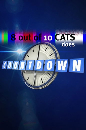 The poster features a clock face with the words "8 out of 10 Cats Does Countdown" in bold, colorful text against a dark blue background. The vibrant rainbow colors and bright light effect create an energetic and exciting mood, suggesting a lively and entertaining show.