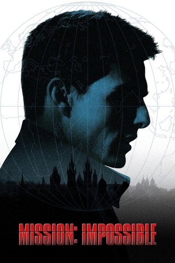 The poster features a dark silhouette of a man's face, partially obscured by a grid pattern that hints at a digital or futuristic theme. The background is a mix of deep blues and blacks, creating an eerie and mysterious atmosphere. At the bottom, the title "MISSION: IMPOSSIBLE" is displayed in bo...